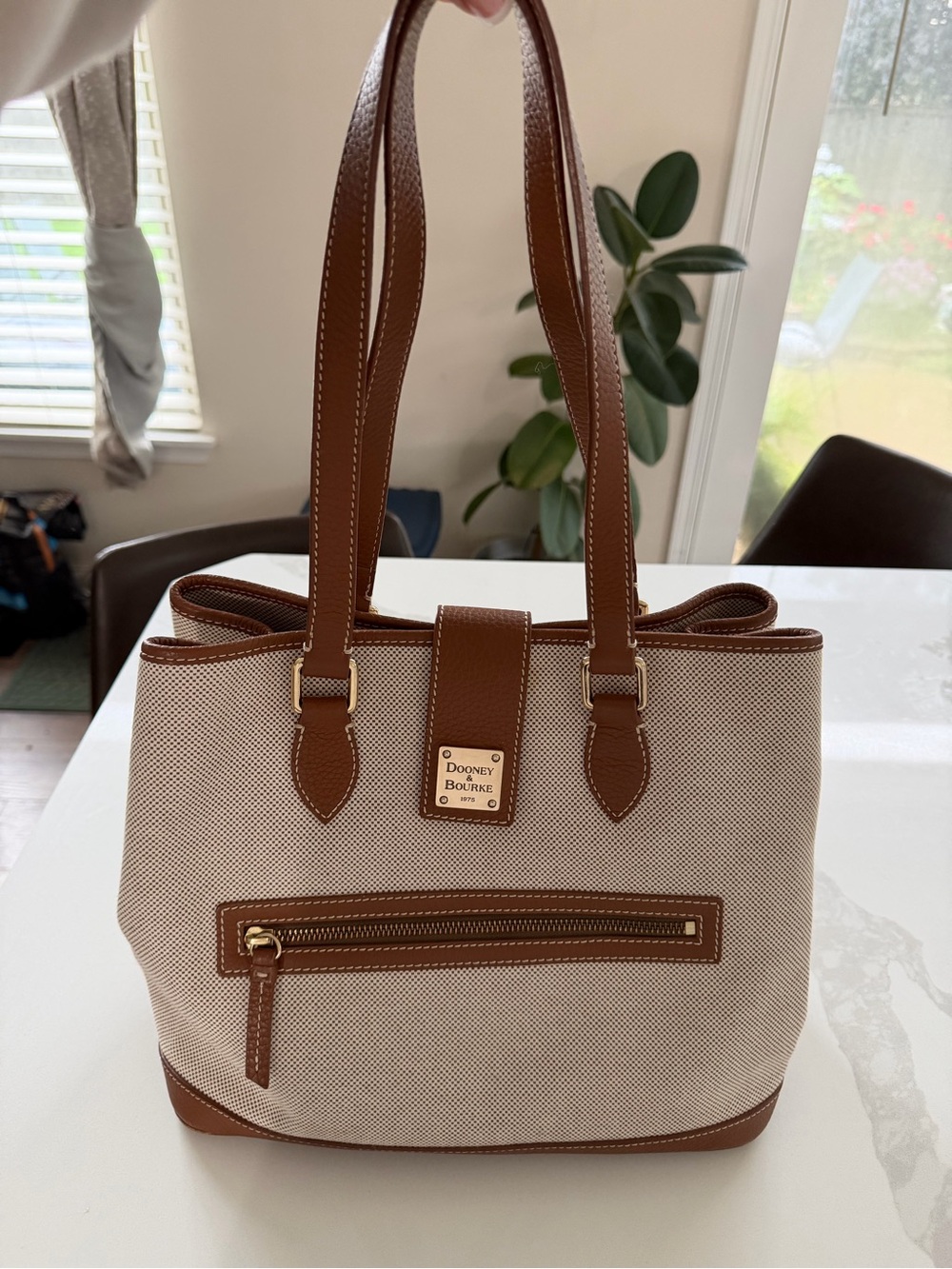 Dooney & Bourke Beige Canvas Tote with Brown Trim